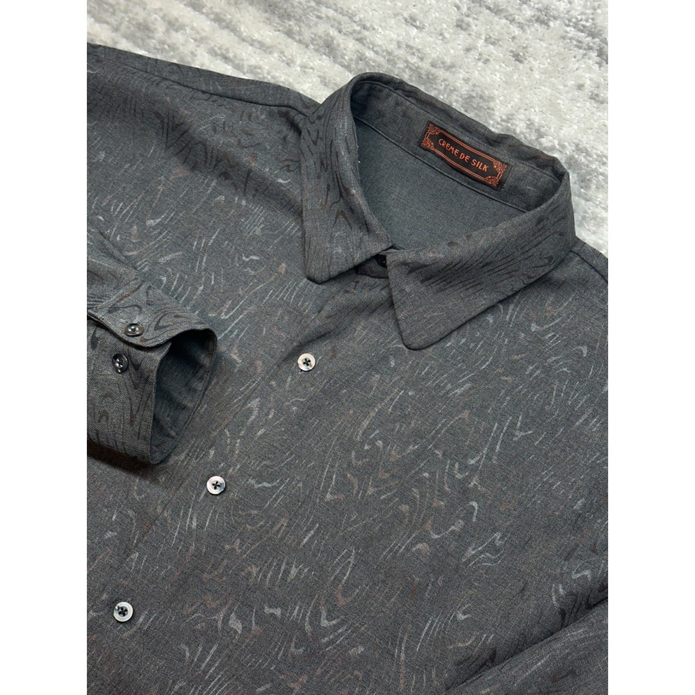 Creme De Silk Button Down Mens XL Gray Silk Wool Blend Graphic Wood Grain